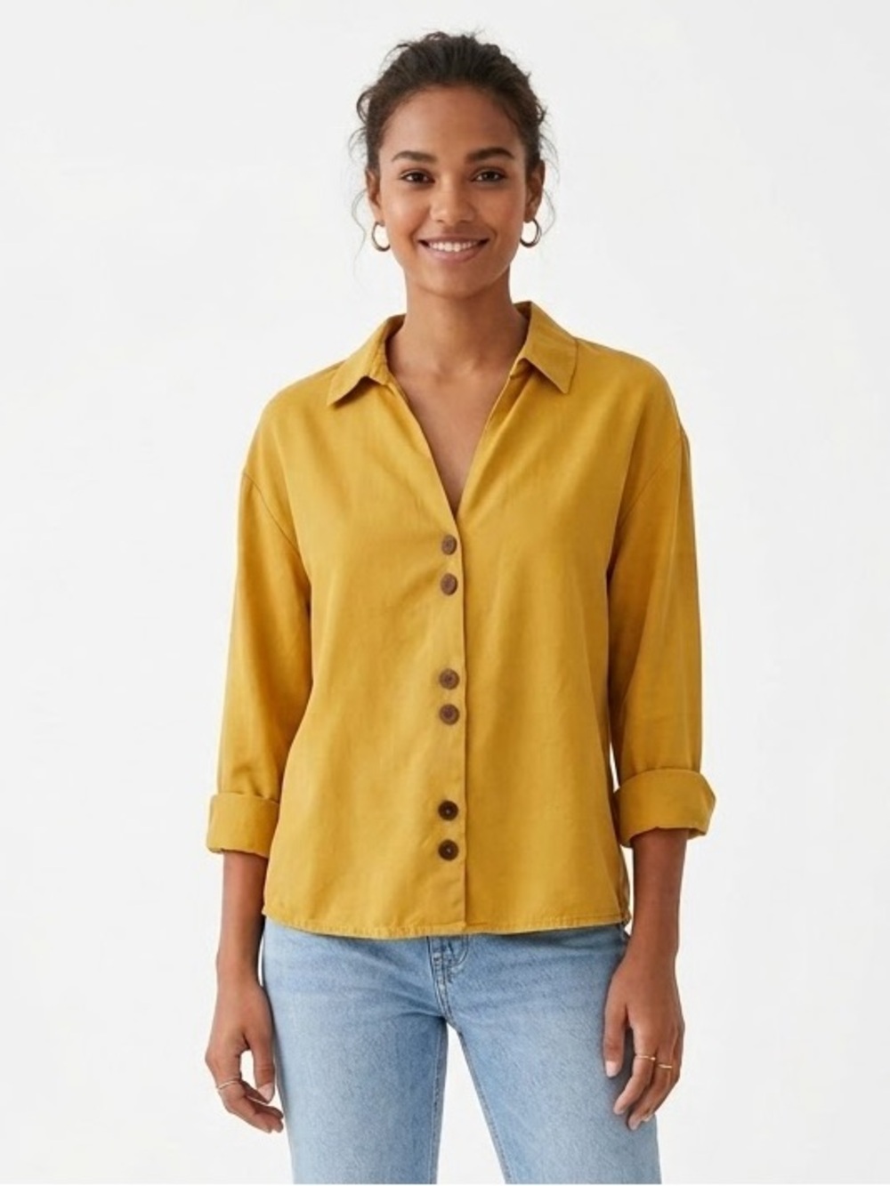 ZARA TRF Mustard Yellow Button Down Shirt Blouse Top Small S fits M